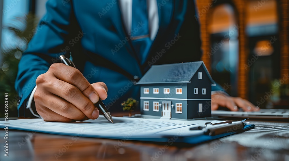 Wall mural A real estate agent in a blue suit is signing a house contract. A photograph of a home icon with a hand holding a pen on top. highlighting houses or buildings, emphasizing realism and detail.