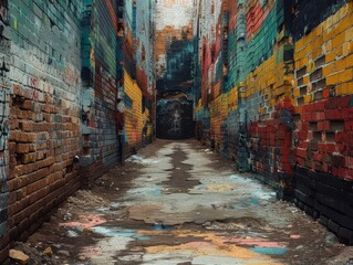 Fototapeta premium An old brick wall in a city covered with layers of graffiti and street art. 