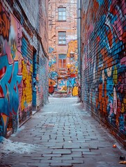 Naklejka premium An old brick wall in a city covered with layers of graffiti and street art. 