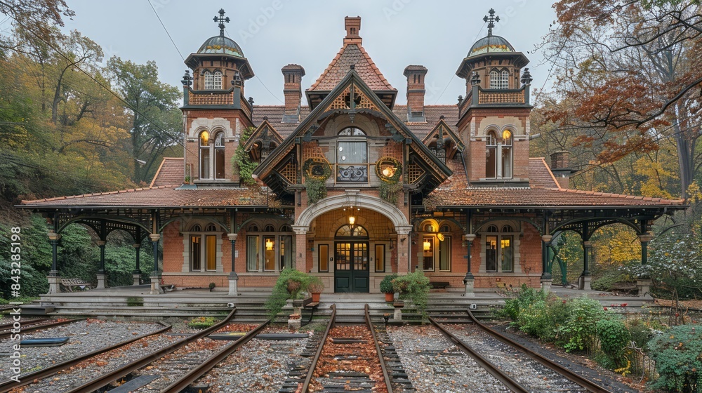 Wall mural Vintage train station building with architectural charm, a landmark of railway history.