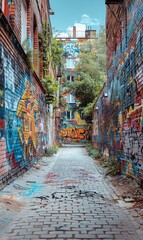 Fototapeta premium An old brick wall in a city covered with layers of graffiti and street art. 