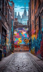 Fototapeta premium An old brick wall in a city covered with layers of graffiti and street art. 