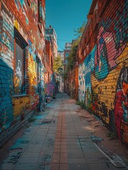 Fototapeta premium An old brick wall in a city covered with layers of graffiti and street art. 