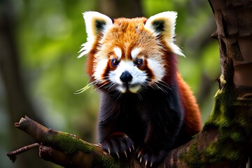 A red panda perched on a tree branch, showcasing its vibrant red fur and adorable appearance.
