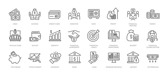 Finance minimal thin line icons. Related money, payment, growth, business . Editable stroke. Vector illustration.