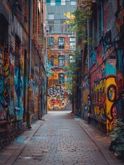 Fototapeta premium An old brick wall in a city covered with layers of graffiti and street art. 