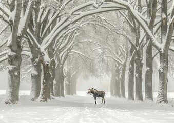 Serene Winter Wonderland: Lone Moose Walking Under Snow-Covered Bare Trees in Majestic Snowy Forest Tunnel on a Foggy Day