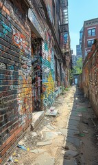 Fototapeta premium An old brick wall in a city covered with layers of graffiti and street art. 