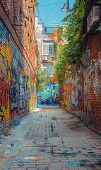Fototapeta premium An old brick wall in a city covered with layers of graffiti and street art. 