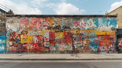 Naklejka premium An old brick wall in a city covered with layers of graffiti and street art. 