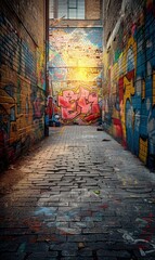 Fototapeta premium An old brick wall in a city covered with layers of graffiti and street art. 