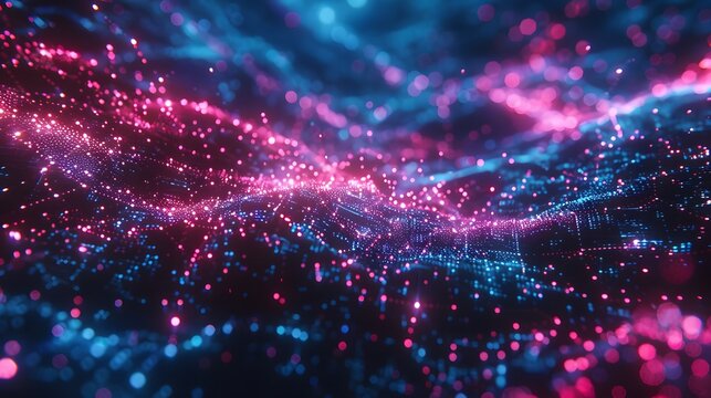 Abstract digital background featuring interconnected lines and nodes with pulsating neon lights, symbolizing network connectivity and data flow.