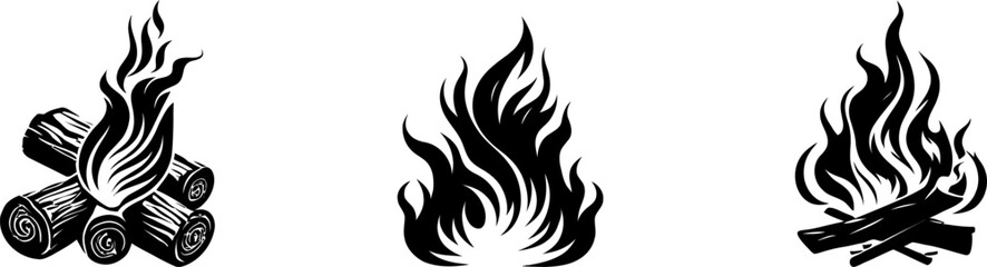  Bonfire icon set .Fire is burning.Fire icon with a logs. . Fire flame vector silhouette.