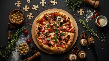 An ultrarealistic photograph of a pizza with various ingredients on top, such as pepperoni and mushrooms, arranged in a circular shape on a black background.