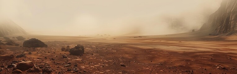Martian wasteland, enveloped in fog, red desert, sparse rocks, eerie stillness, alien world exploration