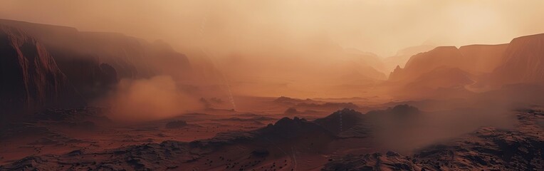 Naklejka premium Martian surface, dense fog, desolate desert, reddish rocks, mysterious atmosphere, low visibility