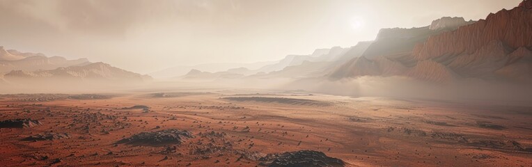Mars desert, thick fog, barren landscape, red soil, alien environment, muted colors, exploration vibe