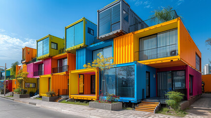 Vibrantly colored shipping containers painted and made into stacked houses. 