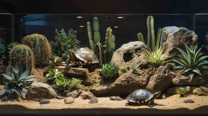 A turtle is in a tank with a desert landscape