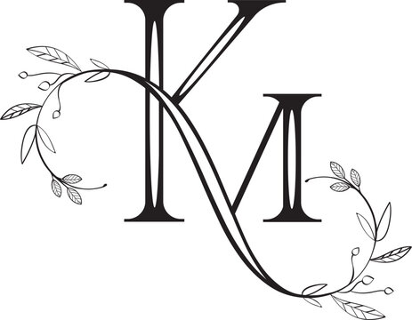 KM Wedding Logo and Monogram Black version, Elegant Botanical Wedding Logo with Wreaths - KM Initials, MK wedding Logo Design