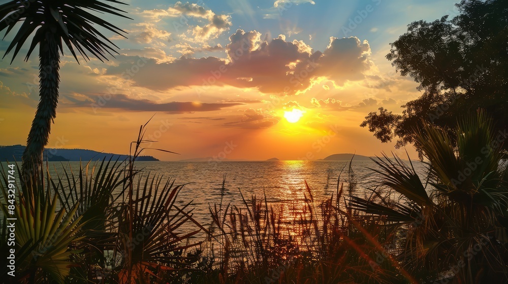 Wall mural fiery sunset over calm ocean