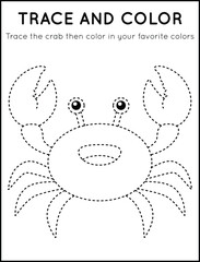 Trace and Color Cute Crab in Worksheet For Kids