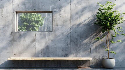 Minimalist exterior featuring a sleek concrete wall with a narrow horizontal window and a simple wooden bench beneath it.