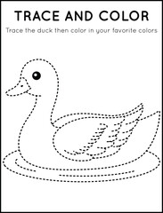Trace and Color Cute Duck in Worksheet For Kids
