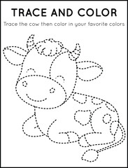 Trace and Color Cute Cow in Worksheet For Kids