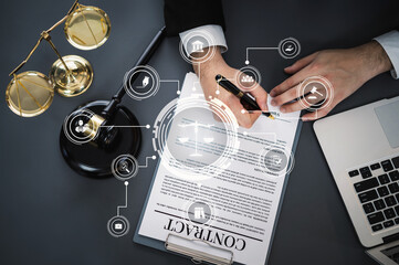 Smart law, legal advice icons and lawyer working tools in the lawyers office showing concept of digital law and online technology of savvy law and regulations .