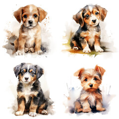 Set of Adorable Baby Dog Watercolor Painting - Sweet Puppy Illustration on White Background