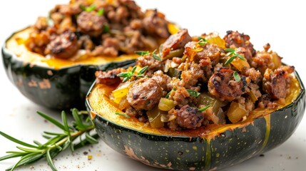 Gourmet acorn squash with sausage stuffing, detailed close-up, mouth-watering, isolated white background, studio light