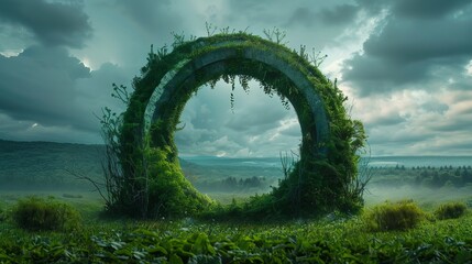 Giant ring, heavily overgrown, resembling a Stargate, close-up in a thriving field, nature reclaiming technology