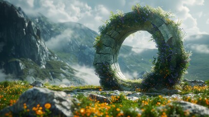 Giant overgrown ring, Stargate entrance, surrounded by thick grass and flowers, close-up shot, enchanting scenery