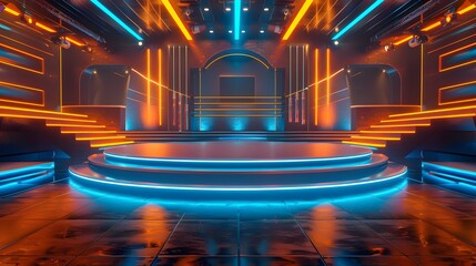 TV game show, with stage lighting and blue neon lights in orange and yellow tones. The background is a modern dance floor with stairs leading to an empty podium on one side. 