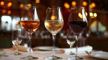 Three wine glasses with white, red and rose in an elegant restaurant setting.