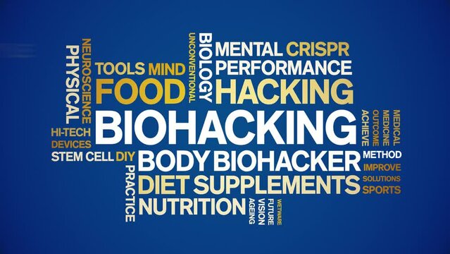 Biohacking animated word cloud;text design animation tag kinetic typography seamless loop.