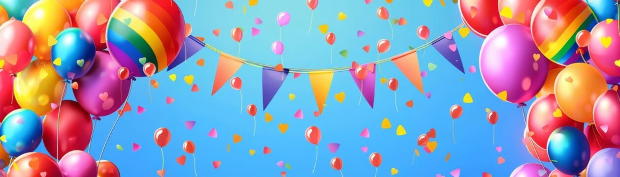 A parade float adorned with Pride flags and colorful balloons, Exciting, Vibrant colors, Illustration, Parade celebration