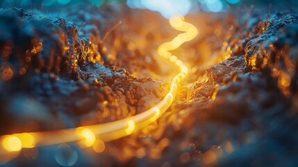 Detailed shot of fiber optic cables being buried in soil, close-up, precise lines, natural setting, focused lighting