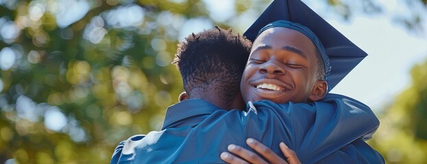 Close-up, happy African American father hugs his graduating son, outdoor setting, study achievement, blurred background, watercolor effect, bright and lively colors, tender emotion captured
