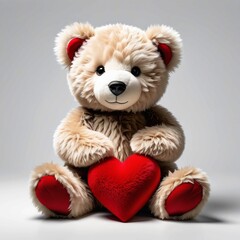 A teddy bear is holding a red heart