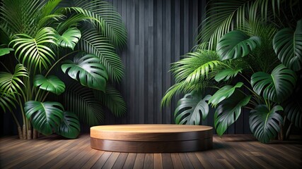 Fototapeta premium Wood podium stage display mockup for product presentation with a black tropical background