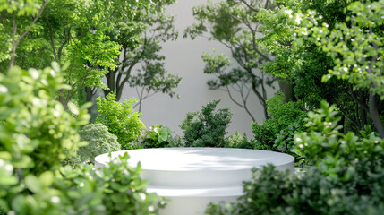 blank white podium in garden with green trees
