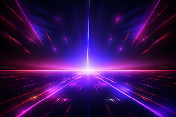 Fototapeta premium Vibrant neon laser beams radiating from the center of an empty dark space, creating dynamic and energetic lines that create visual depth and movement. The background is dark with minimal details