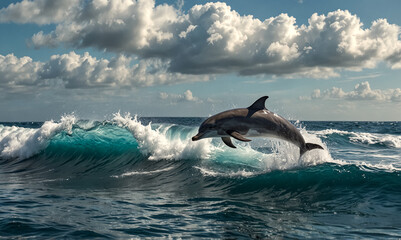 Fototapeta premium Marine Life. Cute Dolphins Swimming in the Sea. 
