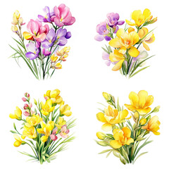 Set of Delicate Freesia Blossom Watercolor Painting on White Background