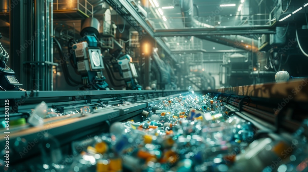 Poster A futuristic depiction of a fully automated recycling plant, where robots seamlessly collaborate with advanced technologies to maximize efficiency and minimize waste.