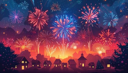 Colorful fireworks light up the night sky over a small village, creating a festive and spectacular celebration scene.
