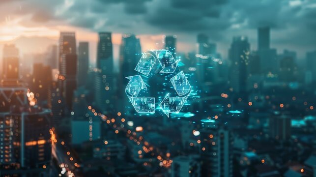 A futuristic digital artwork showcasing a glowing recycling symbol hovering above a sprawling urban landscape, representing the technological advancements driving sustainable solutions.