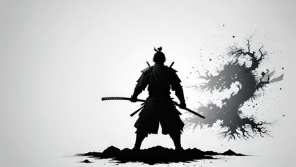 Samurai Silhouette with Ink Splashes